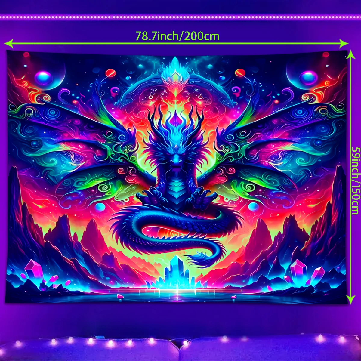 1pcFluorescent colored dragon tapestry, UV reactive black light tapestry, rainbow dragon e-sports room college wall hanging