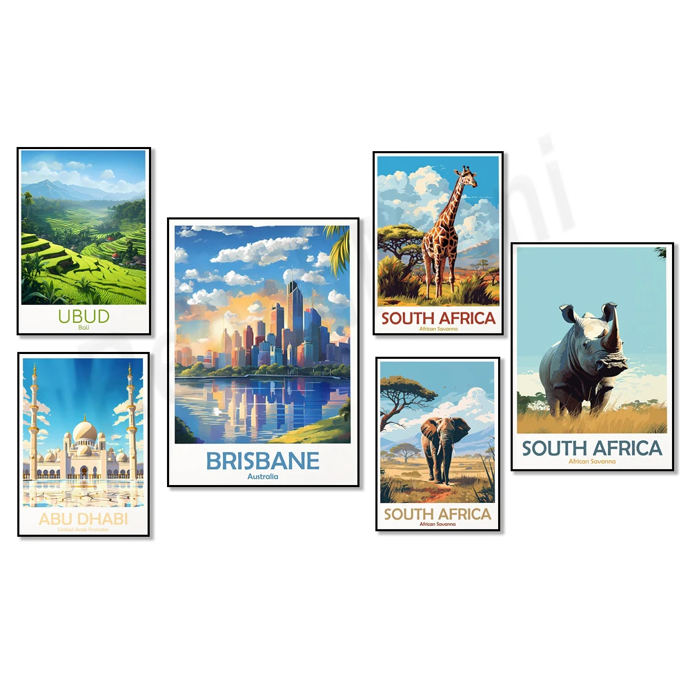 

Bali Ubud, Brisbane, Abu Dhabi, Mauritius, South Africa Savannah rhino, giraffe, elephant, lion, Iguazu Argentina travel poster