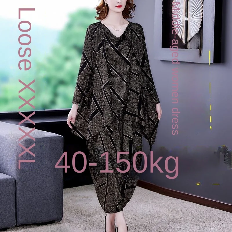 Mother's Wear 150KG Loose Extra Large Size Suit Women's Spring and Autumn Casual Belly Covering Two-piece Women's Clothing