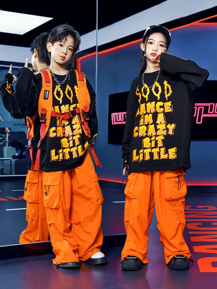 

Kid Cool Hip Hop Clothing Black Letters Sweatshirt Orange Vest Casual Wide Cargo Pants for Girl Boy Jazz Dance Costume Clothes