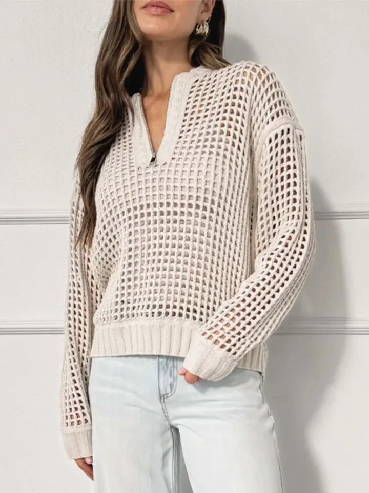 

Casual Hollow Sweater For Women Loose O-neck Zipper Long Sleeve Solid Color Knitted Pullover Autumn New Lady Top