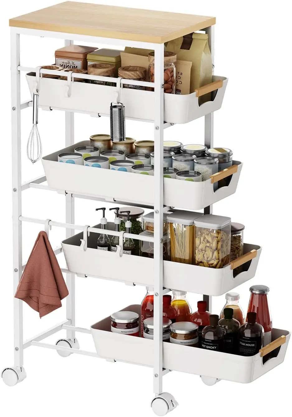 

5-Tier Slim Rolling Cart with Wood Top, Pull-Out Baskets & Wheels for Kitchen, Bathroom, Laundry