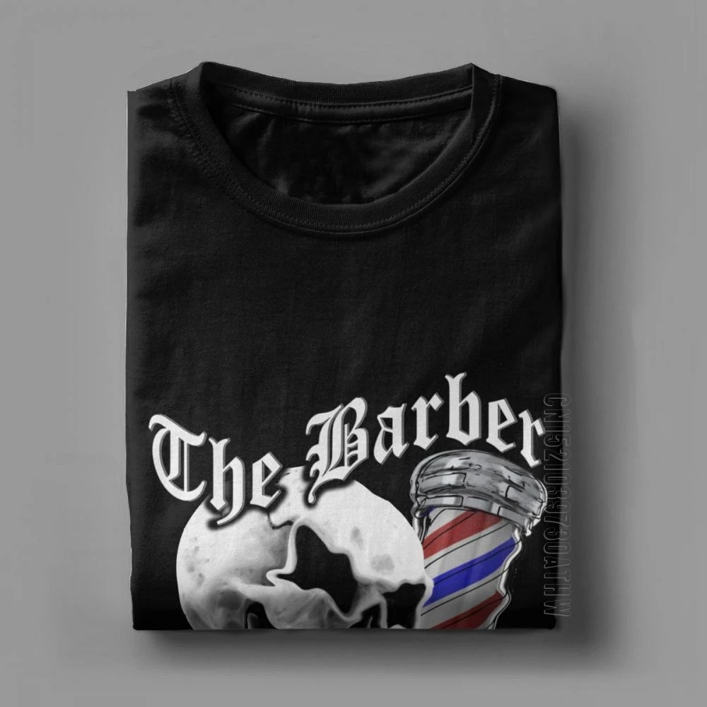 Barber Skull And Flaming Razors T-Shirts For Men Cotton T-Shirt Hair Scissors Barbershop Haircut Tees Short Sleeve Plus Size