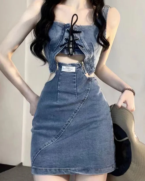 

Retro Sexy Pure Desire Spicy Girl Denim Strap Dress Women's Summer Design Short Skirt women clothing