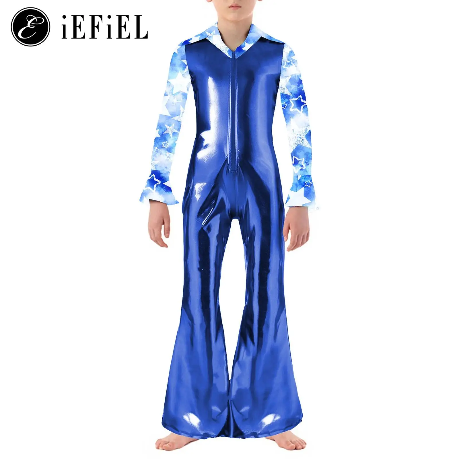

Boys Retro 70s Hippie Star Stage Performance Costume Metallic Long Sleeve Bell Bottom Overall Jumpsuits Disco Party Dancewear