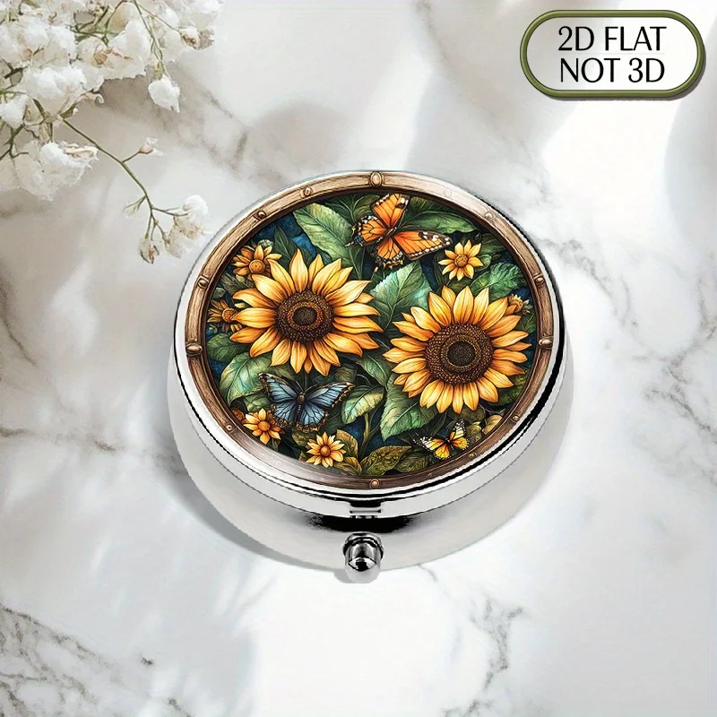 Single-piece flat portable round metal pill box, decorated with sunflower and butterfly patterns, surrounded by green leaves, designed for organizing vitamins and health supplements, suitable for storing medication, preserving vitamins, multi-functional storage, and as a commemorative gift, flat design