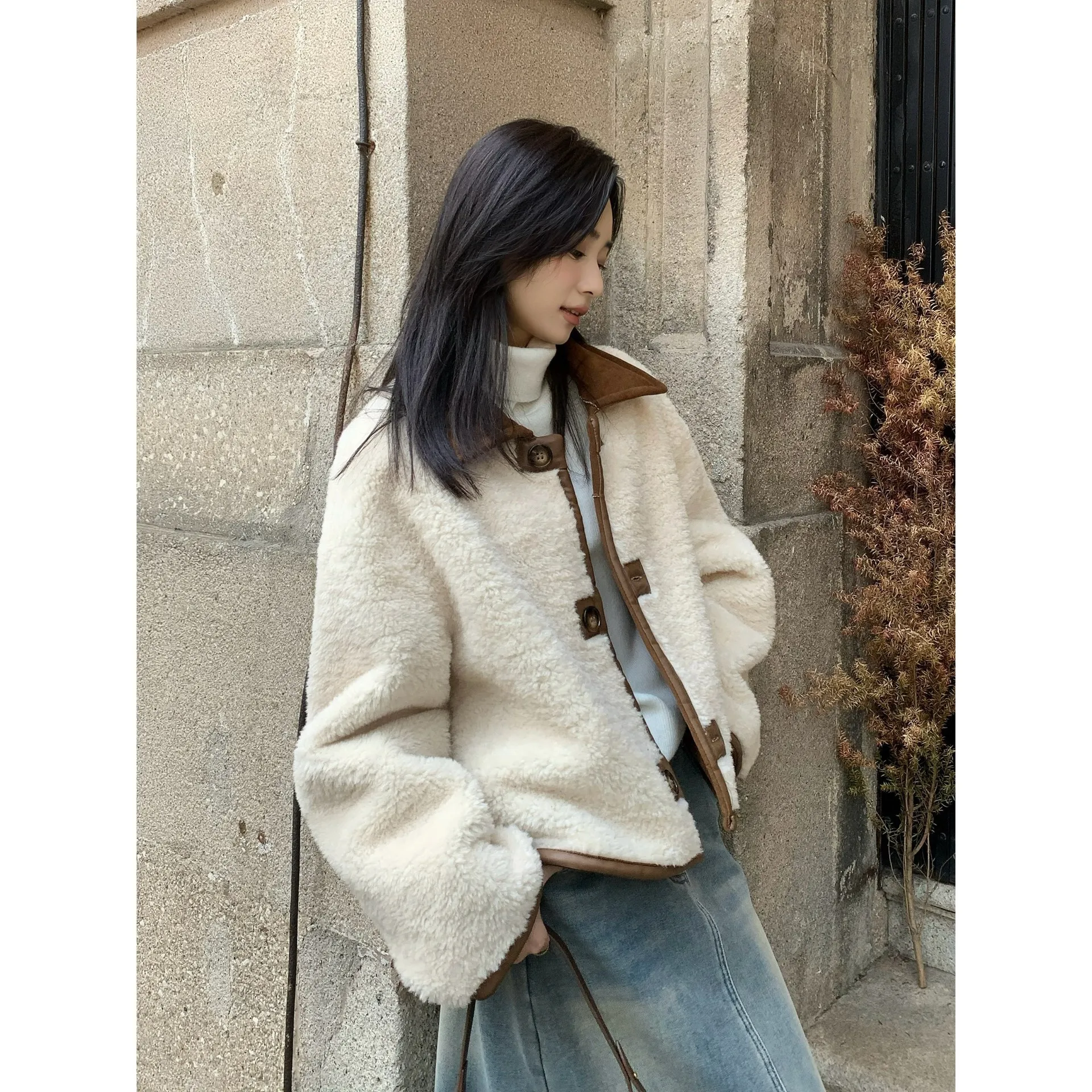 

Tweed Jacket Collar Short Sleeve Womens Winter Suede Matte Cozy Thick Protective Warm Anti-Freezing Coldproof Thickened Fleeced