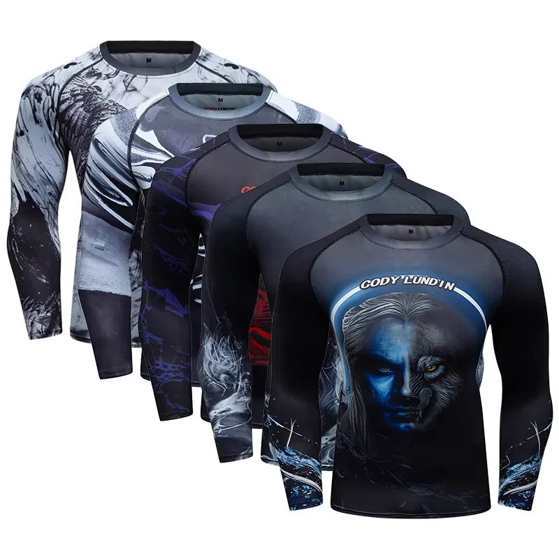 BJJ Rash Guard 3D Design MMA T-shirts With Animal Print Boxing Rashguard For Men Long Sleeve Compression Grappling Fitness Wear