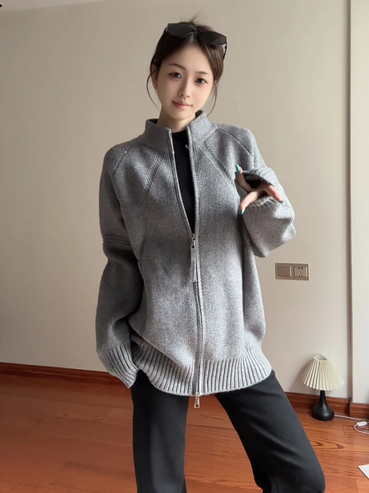 

ay Knitted Thiened Winter Sweater Coat for Men with Double Zipper Stand Collar American Sle Long Sve Casual Wear