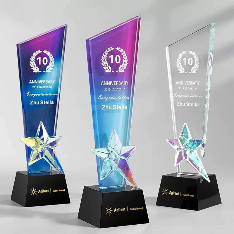 

Custom Colored Five Pointed Star Crystal Trophy Free Customized LOGO Company Annual Meeting Souvenirs Sales Champion Awards