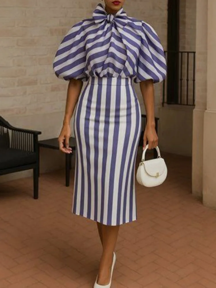 

Gymystars Striped Long Skirt Set Women Puff Sleeves Bow Commuter Suit Fashion Puff Sleeves Shirts High Waist Skirts Lady Outfits