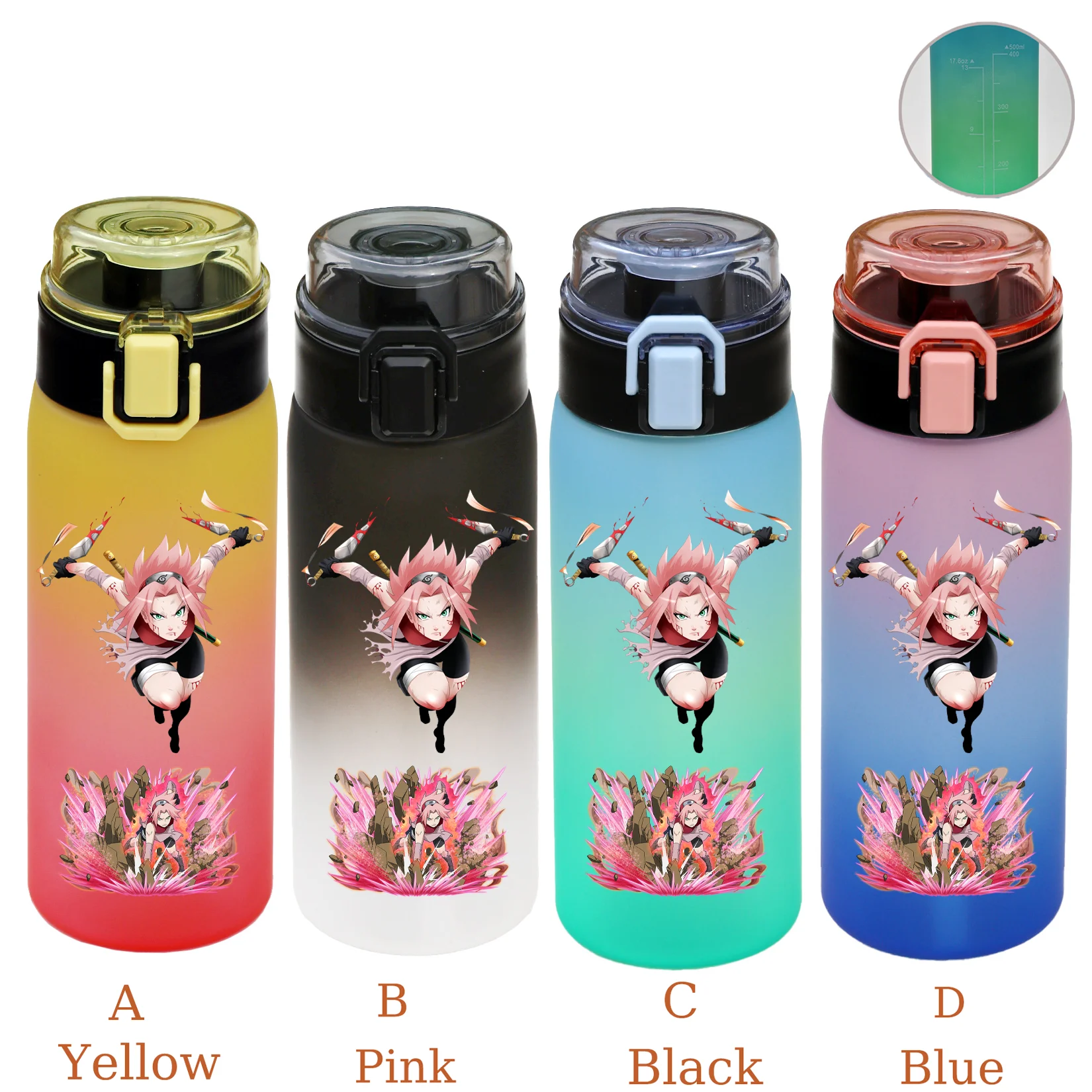 500ML NARUTO Sports Water Bottle Gradient Color Plastic Drinking Bottle Uzumaki Uchiha Sasuke Kakashi Cartoon Travel Office Jugs
