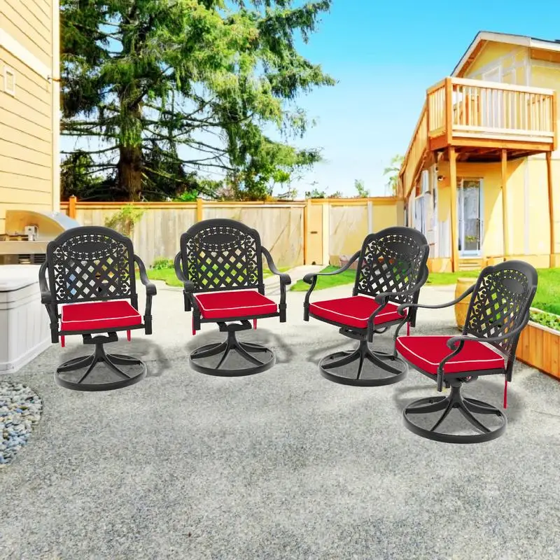 4PCS Swivel Patio Chair Set, Black Frame with Red Cushions