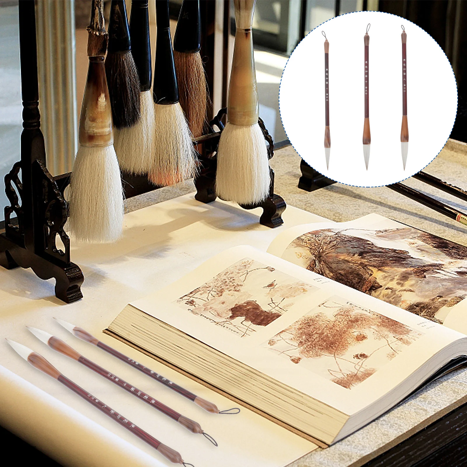 

3 Pcs Chinese Painting Brush Beginner Pen Student Writing Wooden Handle Drawing