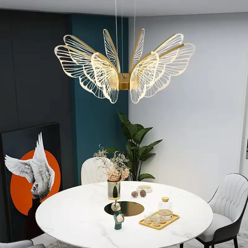 

Modern Butterfly Living Room LED Pendant Lights Bedroom Kitchen Creative Golden Transparent Acrylic Wing Chandeliers Home Decor