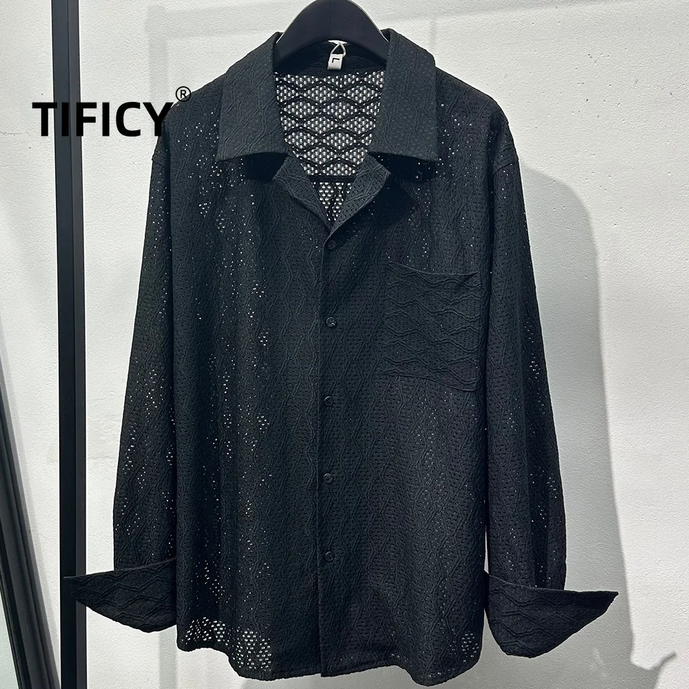

High Street Dark Hollow Embroidery Shirt Men's Autumn Vintage Loose Casual Versatile Long Sleeved Streetwear Shirt