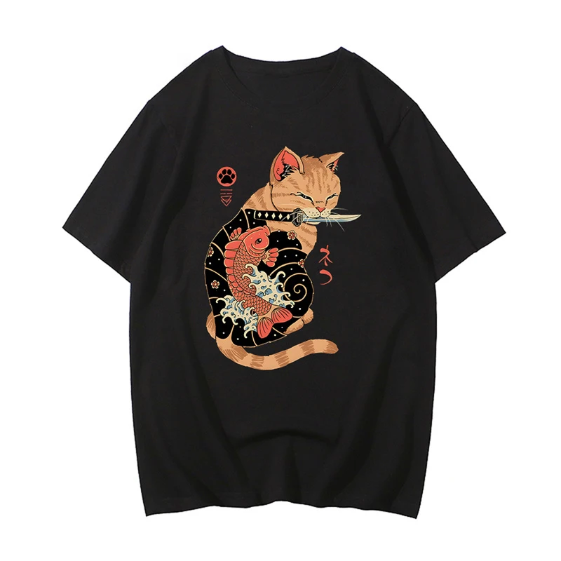 Samurai Cat Tshirt 100% Cotton T-shirt Mens Graphic T Shirt Summer Short Sleeve Tops Casual Tshirt For Male Printing Tees