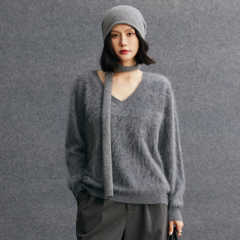 

Женские свитера из 100% кашемира, плюшевые кашемировые вязаные пуловеры с v-образным вырезом и длинными рукавами, осень-зима, трикотаж высокого качества, топ