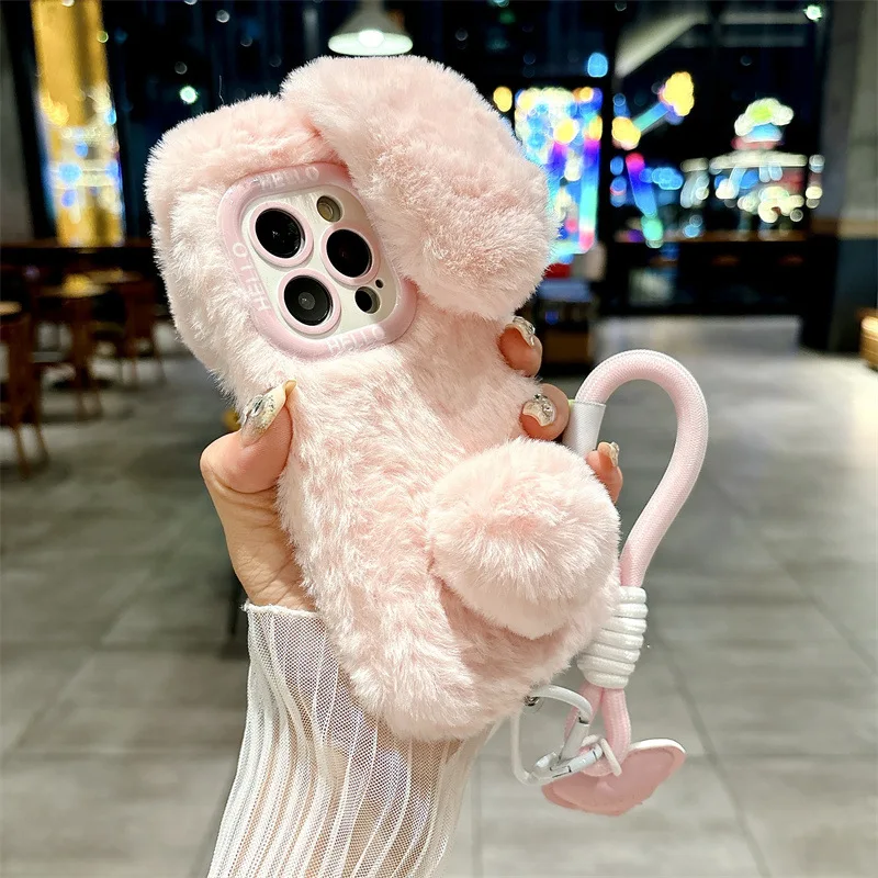 3D Cute Cartoon Rabbit Ears Warm Furry Plush Bunny Phone Case With Lanyard For iPhone 15 14 13 12 11 16 Pro Max Shockproof Cover view 3