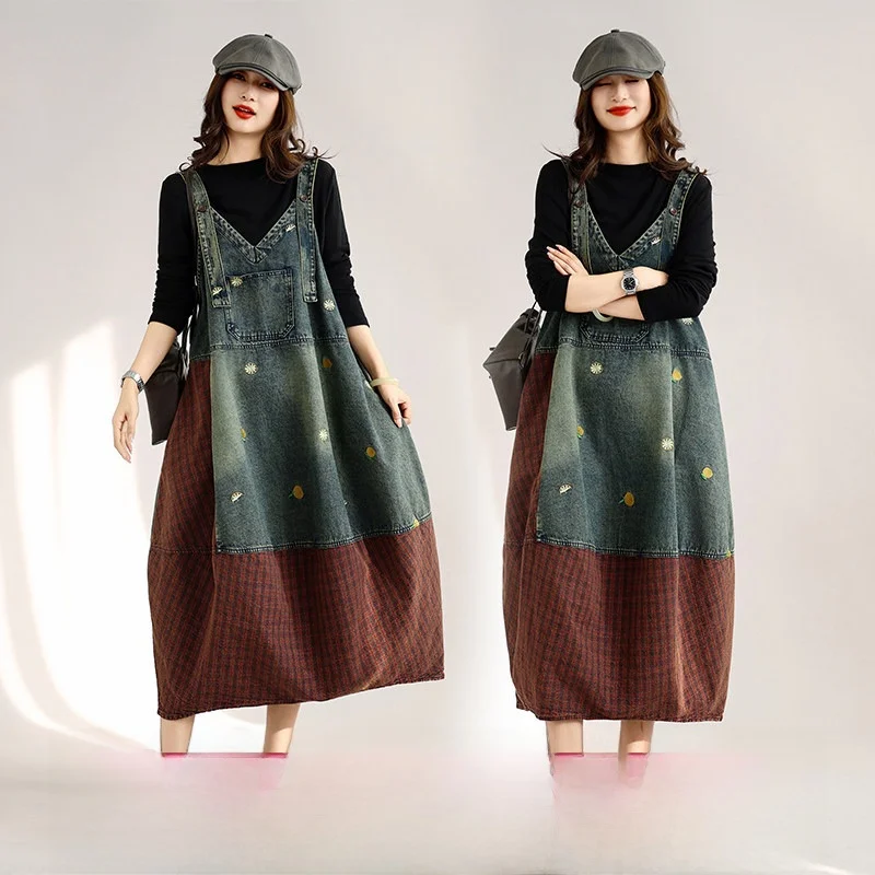 Vestido Vaquero Bordado Estilo Retro Workwear, Largo Midi, Sin Mangas, Patchwork, Talla Grande, Overol Casual, Corte Holgado,...