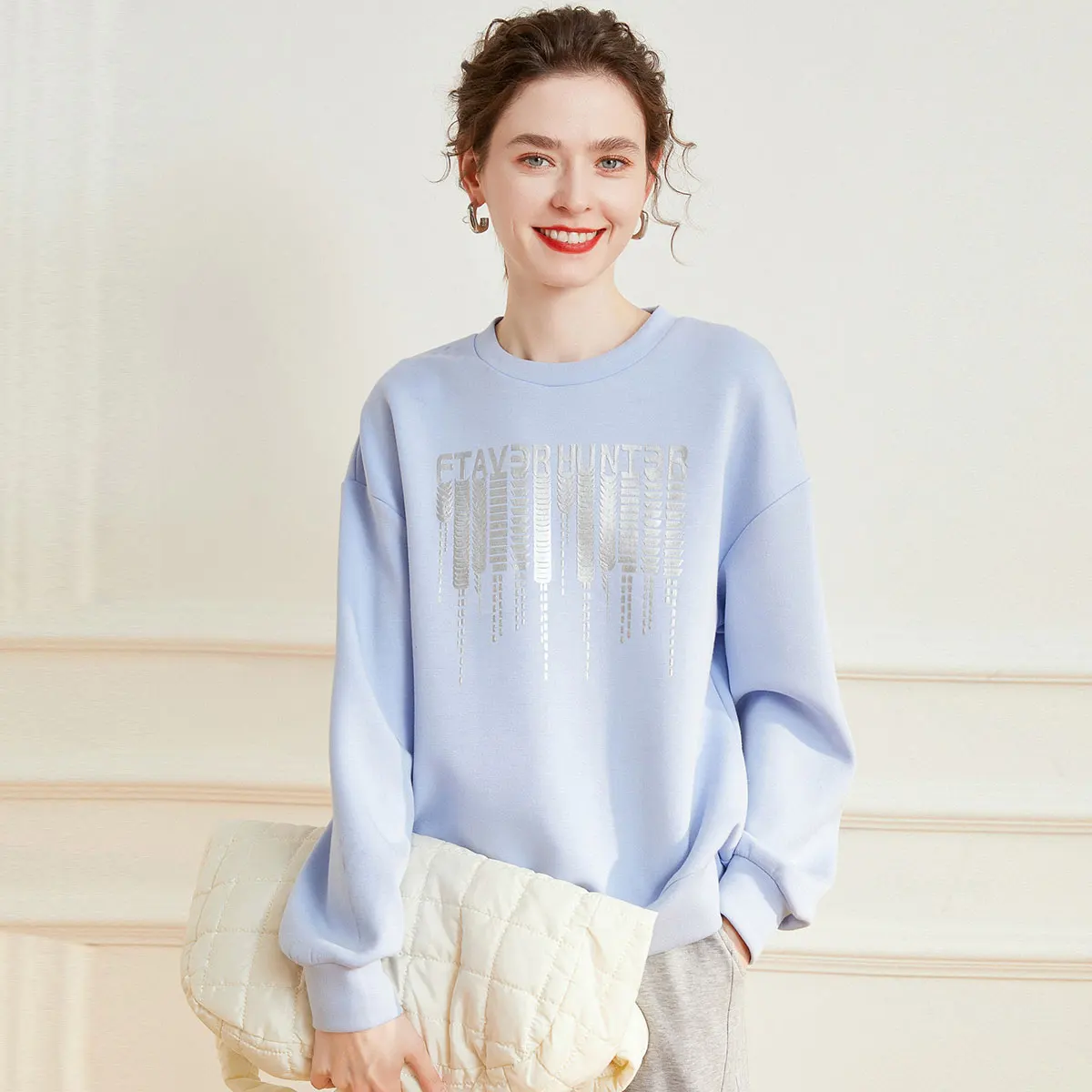 LOUIS YAO Trend Printed Women's Sweatshirts 2025 Spring Top Round Collar Simple Loose Casual Long Sleeve Hoodies New 