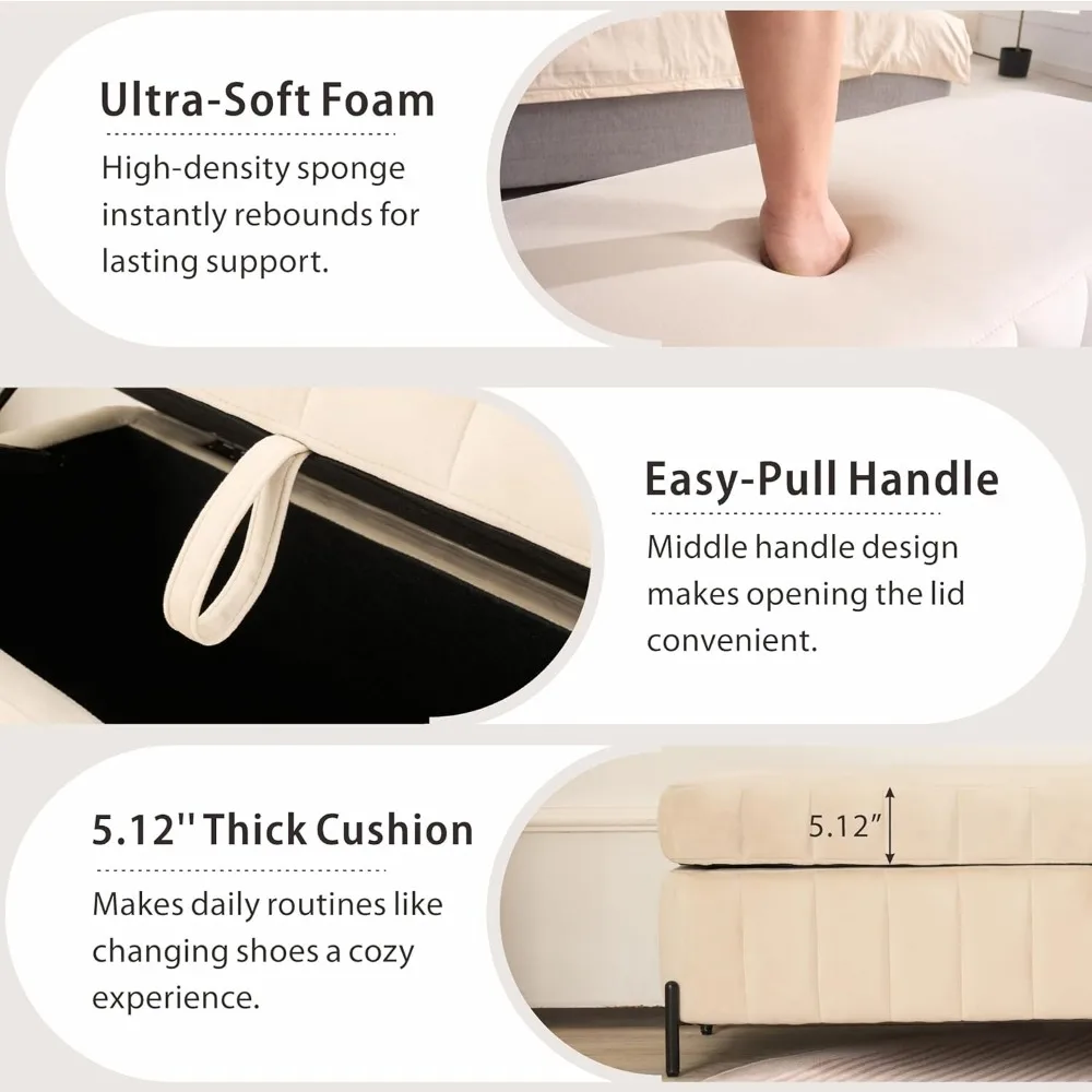 Bangku Penyimpanan Kamar Tidur: Ottoman Beludru Beige Ukuran 49.2 Full/Queen untuk Penyimpanan Sepatu dan Pintu Masuk