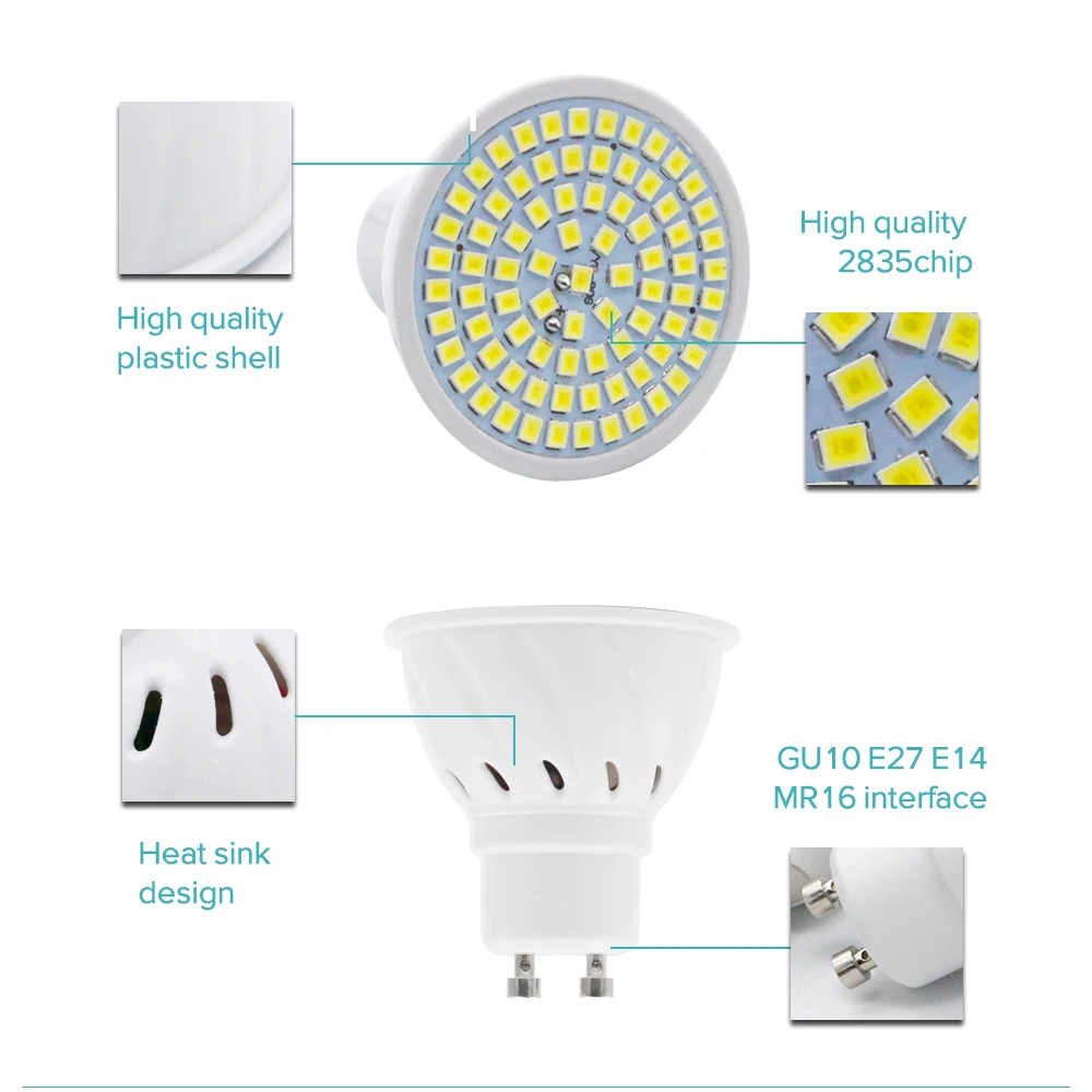 10PCS GU10 LED E27 Lamp E14 Spotlight Bulb 48 60 80leds lampara 220V GU 10 bombillas led MR16 Lampada Spot light