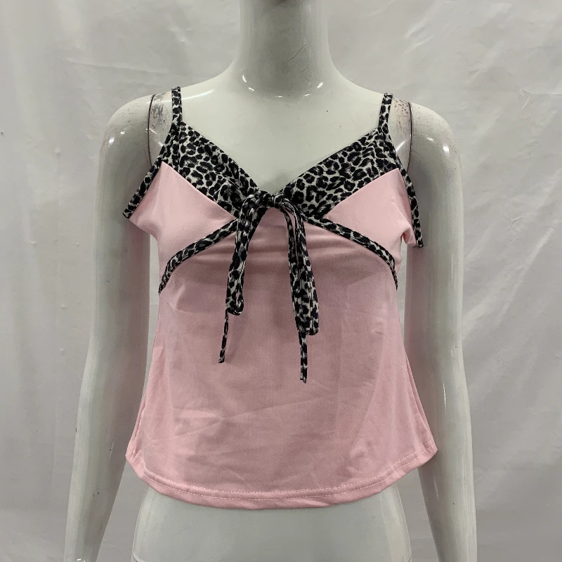 Spicy Girl Women's Leopard Print Bow Tie V-Neck Slim Fit Camisole Top Sexy Fashion 2026 New Personality Camisole