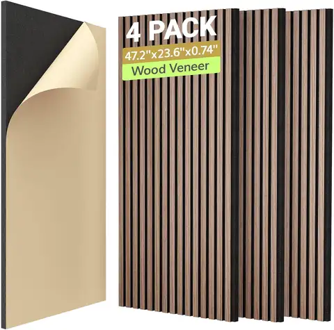 4-Pack Acoustic Wood Wall Panels, 47.2” x 23.6” Self-Adhesive 3D Tiles for Soundproofing and Echo Absorption in Walnut Brown