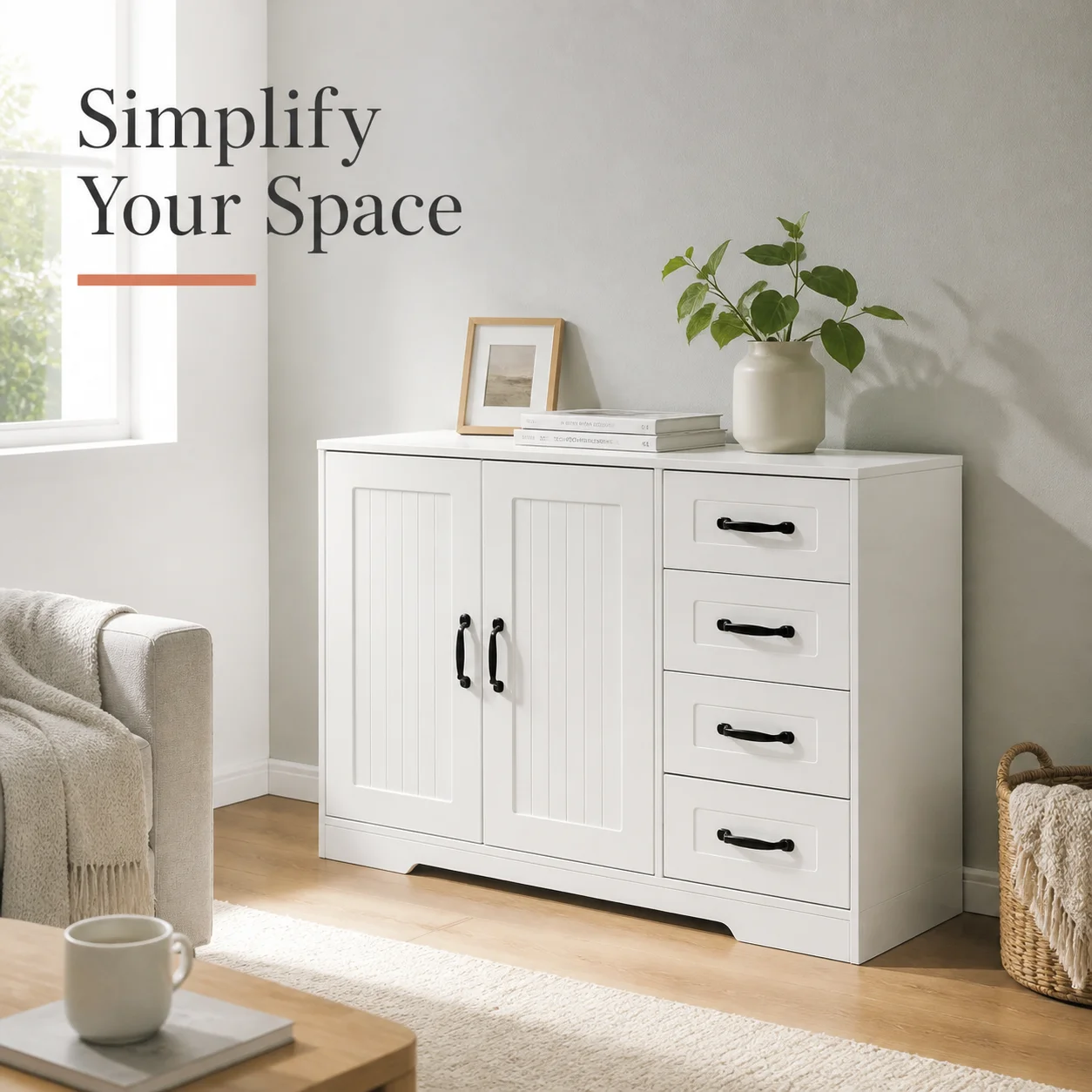 Buffet avec 4 tiroirs et 1 placard, meuble de rangement moderne blanc, 105X40X76 cm