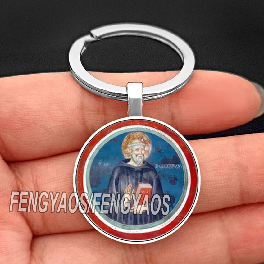 Cross Saint Benedict Keychain for Catholic Glass Cabochon Christian Key Chain Metal Catholicism Keyring Gift