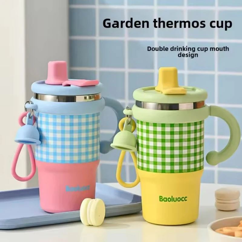 

600 мл термос из нержавеющей стали с ручкой, соломенная кружка для студентов, офиса, кофе для девочек, двойной напиток, бытовой термос Bingba