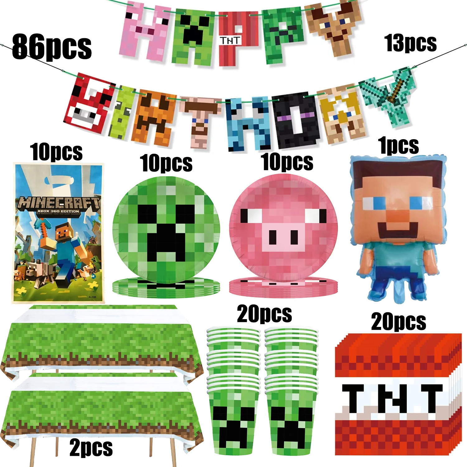 

New Miner Crafting Pixel Video Game Party Decor Set Disposable Tableware Party Supplies Green Pixel Monster Plate Banner Gifts