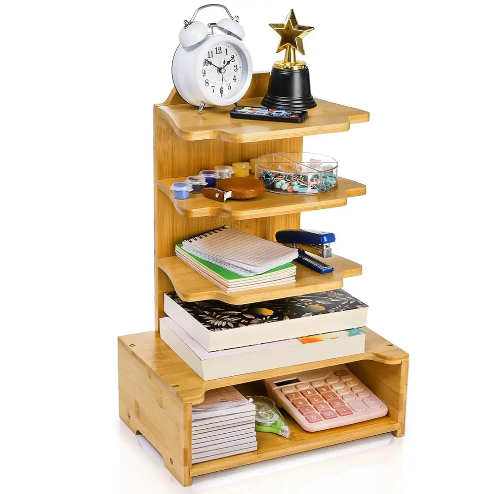 

4 Tier Desktop Bookshelf, Small Bamboo Bookcase With Drawer, Display Floor Standing Storage Shelf Book Organizer Shelves For