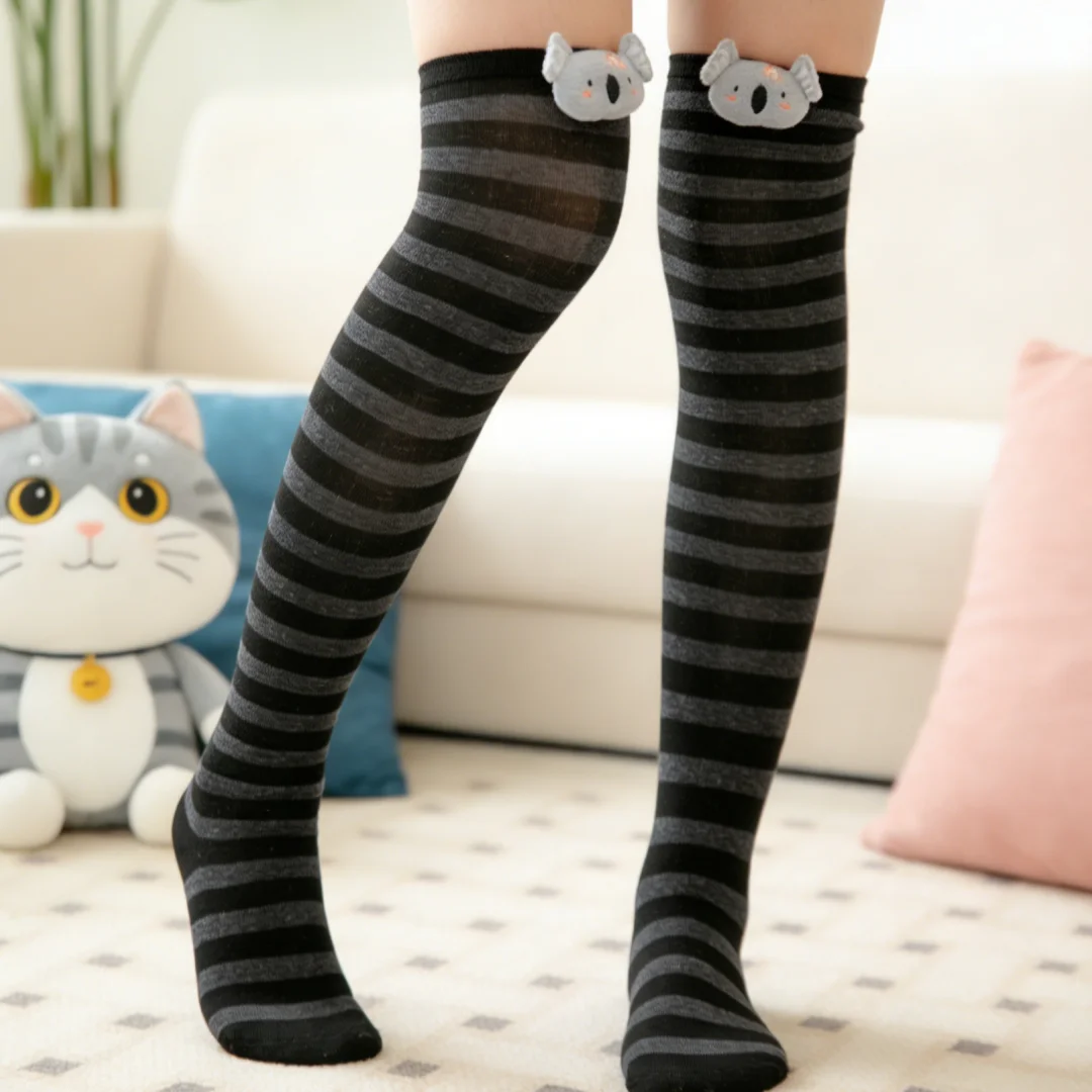 1 Pair of Classic, Versatile Striped Over-the-knee Socks, Paired with Adorable Koala Plush Toy, In a Japanese-inspired