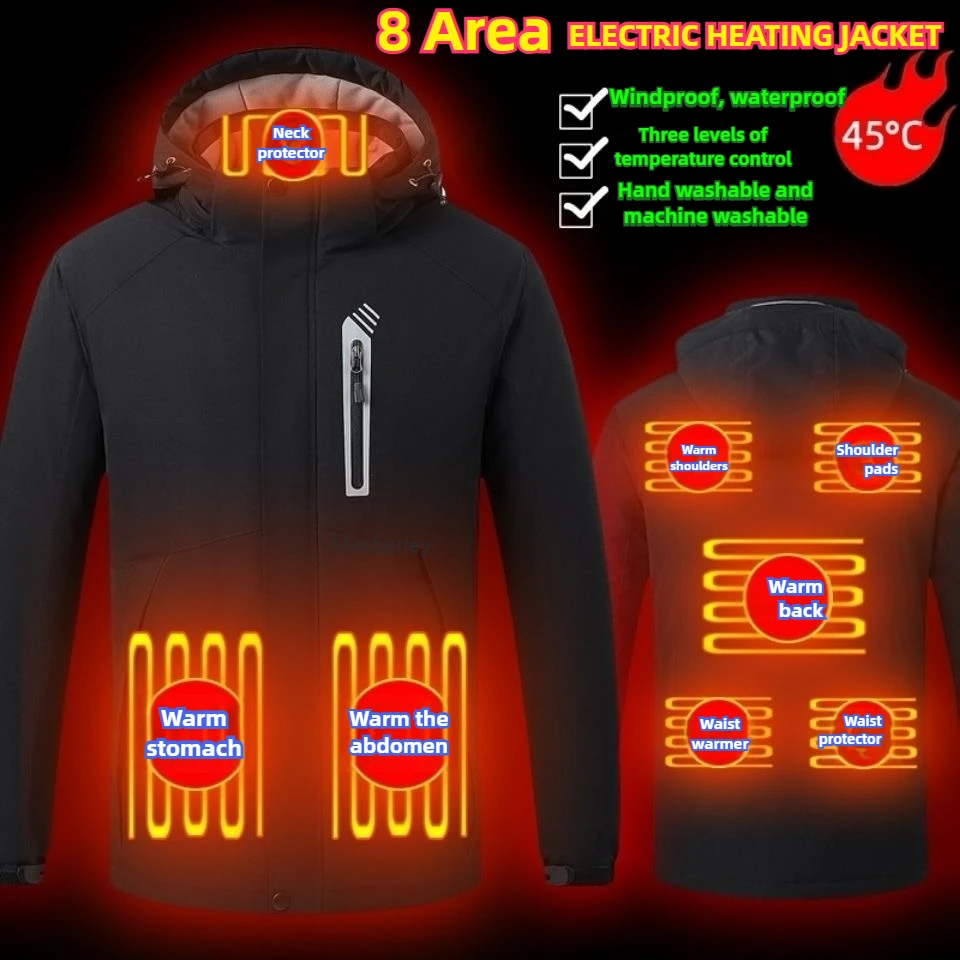 

8 Areas Heated Jacket Winter Men Thermal Parka USB Self Heating Jackets Women Heated Cotton Coat Ski Camping Hiking Windbreaker