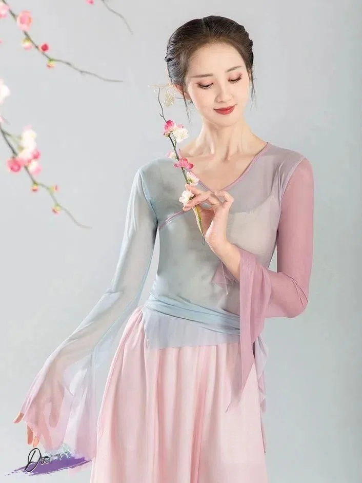 

Elegant Ethnic Dance Practice Suit Set Ultra Fairylike Dance Costume Top for Art Exam And Training Lightweight Shawl Included