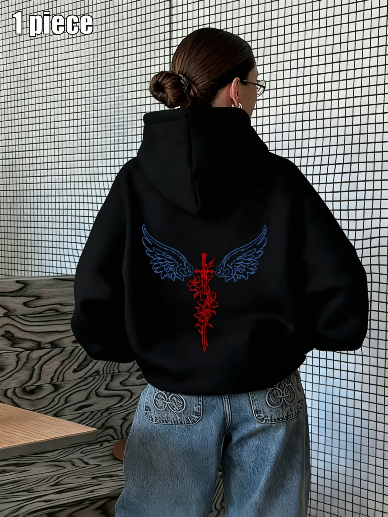 Women Wing Pattern Print Hoodie Unisex Autumn Winter Fleece Oversized Hooded Everyday Outdoors Hoodie for Any Occasion