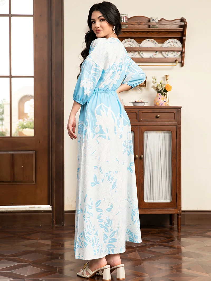 2025 Spring New Arrival: Sweet Floral Print Long Dress - Color-Block Design, Puff Sleeves, Pockets For Spring