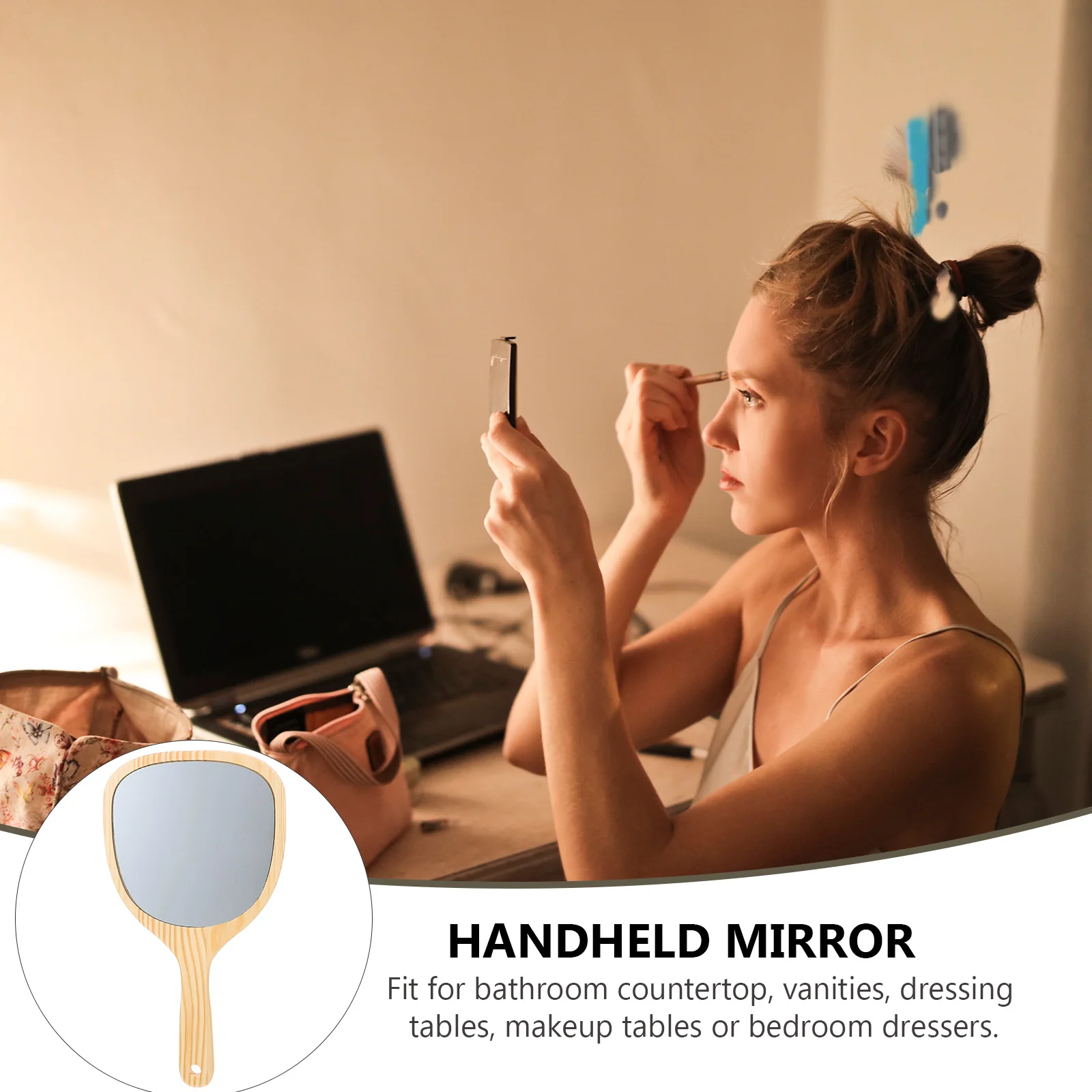 

Make up Mirror Wooden Handle Travel Vanity Mirrors with Cute Handheld Vintage Makeup Portable Womens Miss