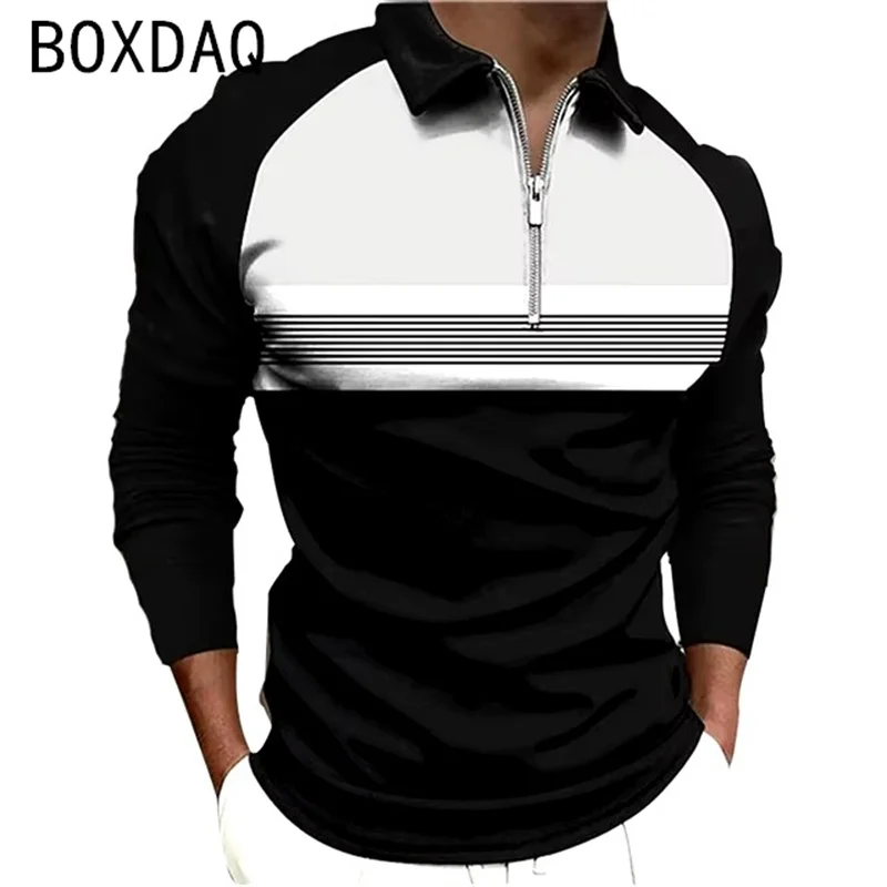 Men Fashion Simple Stripe Print Polo Shirt Long Sleeve Lapel Golf Polo T-Shirt Plus Size 6XL Men Outdoor Sport Casual Polo Shirt - Image 4