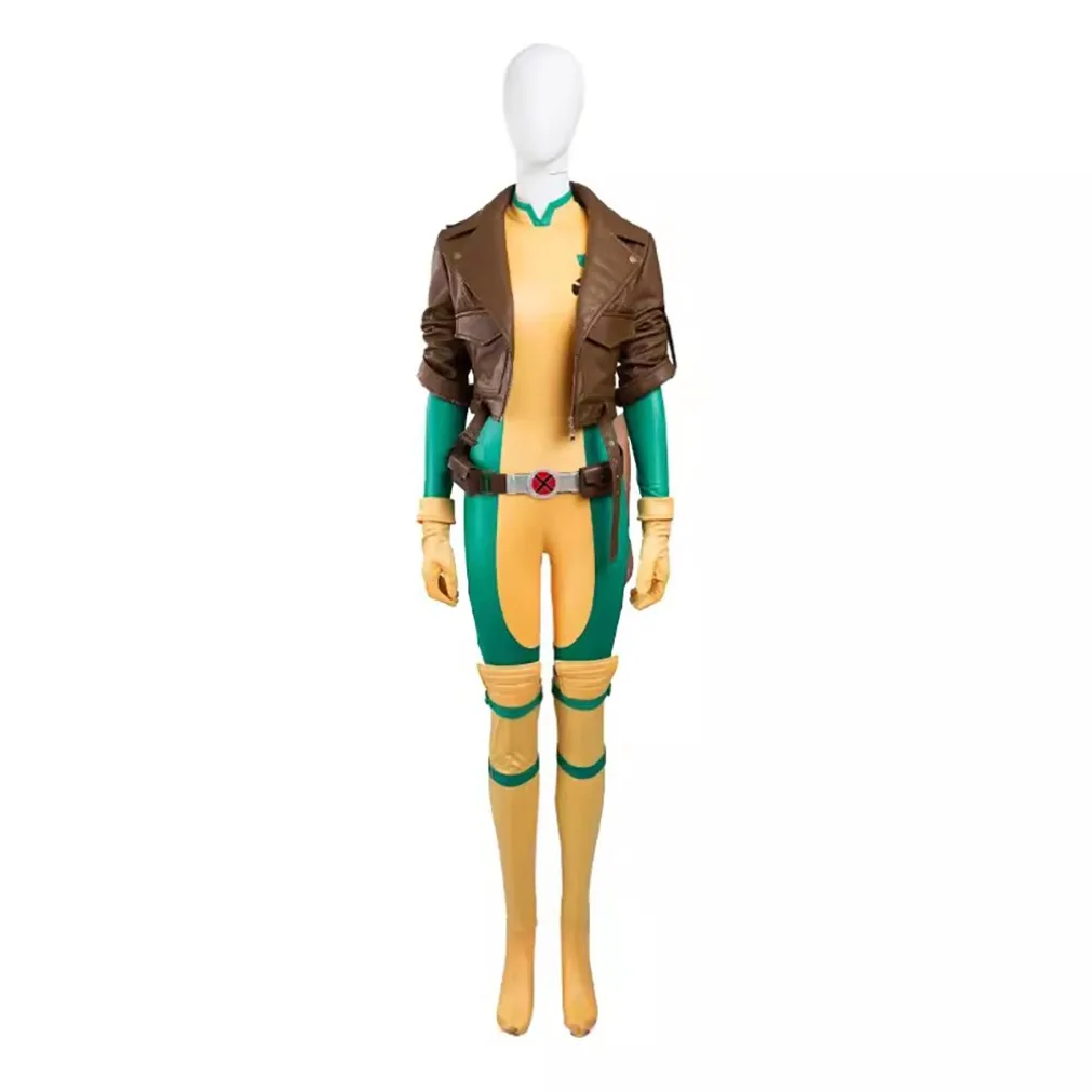 

Rogue Costume Women Superhero Bodysuit leather Battle Suit with Leather Coat and belt Halloween Outfits