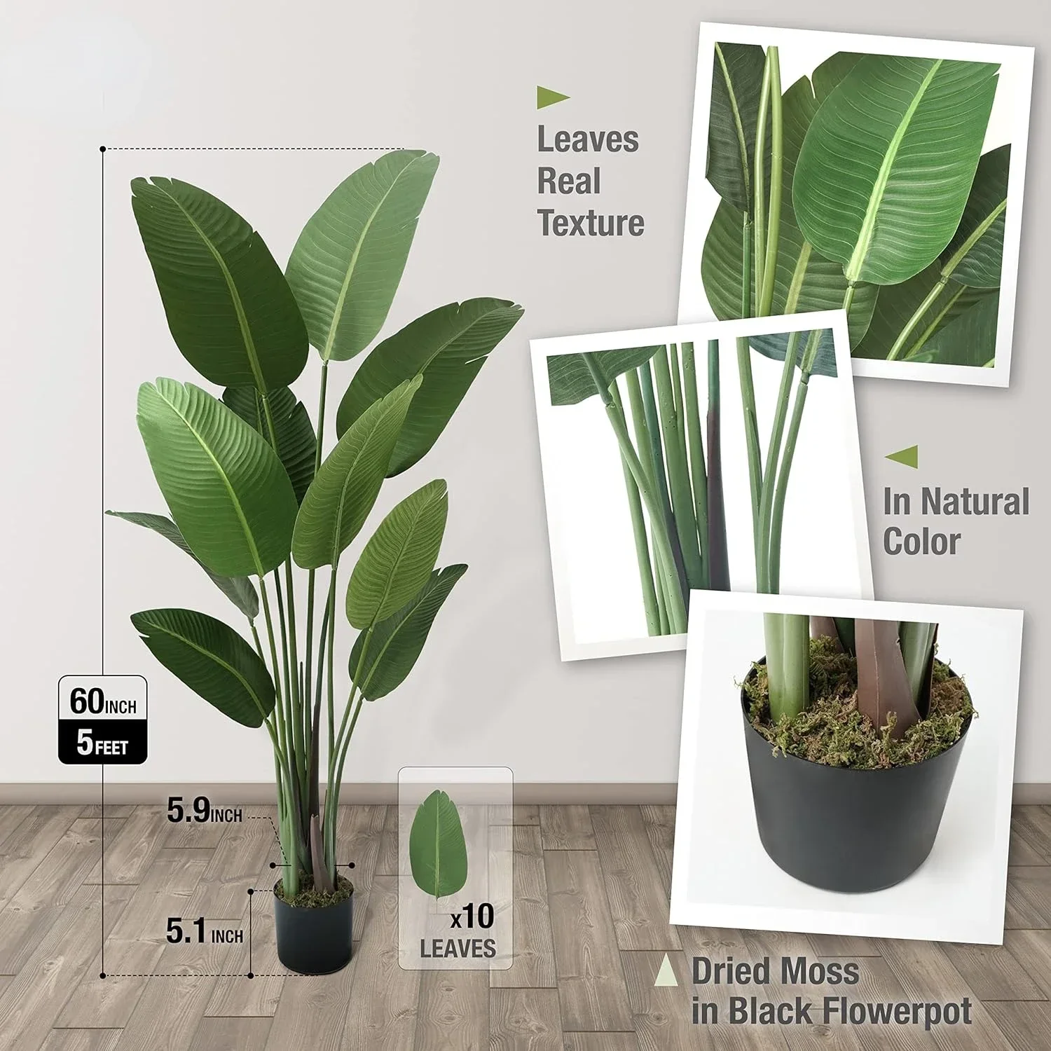 4/5/6 Feet Artificial Bird of Paradise, 60 Inch with 10 Trunks, Premium UV Resistant Lifelike Fake Plant in Pot with Dried