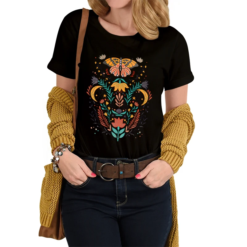 Plant Floral Style Butterfly T-Shirt Women Loose Cotton Tshirt Fashion Casual Tees Vintage Insect Moth Butterfly Camisetas Mujer