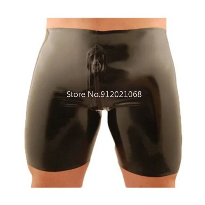 Black Latex Men Panties Sexy Rubber Shorts Boxer with Crotch Zipper Handmade Underwear