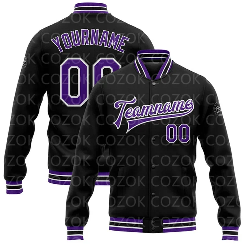 Custom Purple Black 3D Printed Baseball Button Jacket Bomber Full-Snap Varsity Letterman Jacket