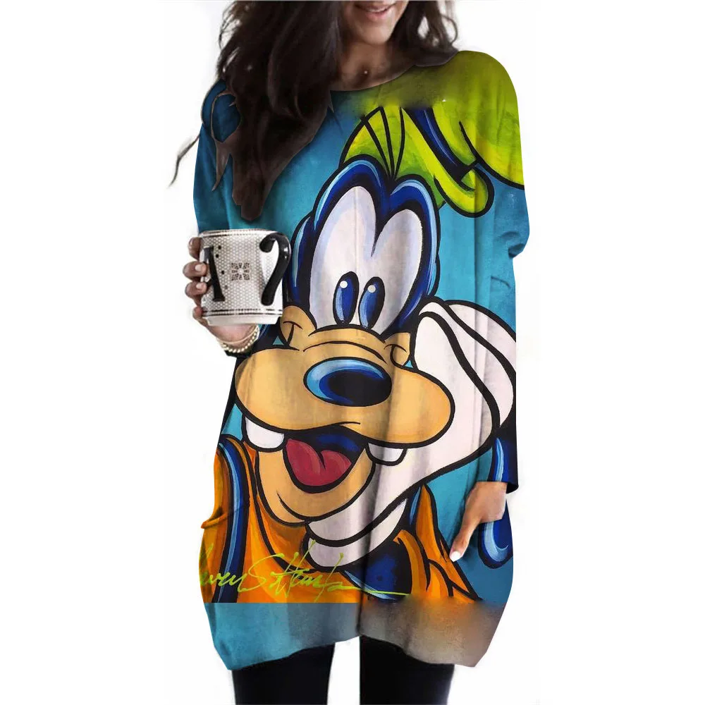 2025 Autumn New Women's Fashion Casual Sweatshirt Disney Goofy Printed Round Neck Pocket T-shirt Long Sleeve Women's Hoodie