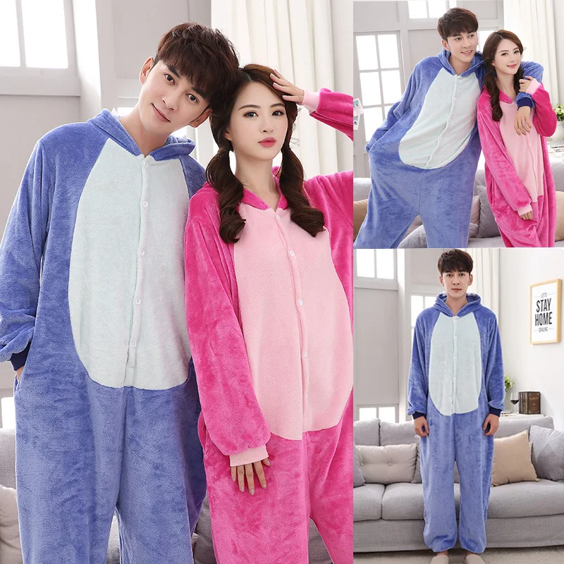 Cartoon One-Piece Flannel Pajamas Spring and Fall Long-Sleeved Homewear Couple Style Can Be Worn by Children to Adults Man Women