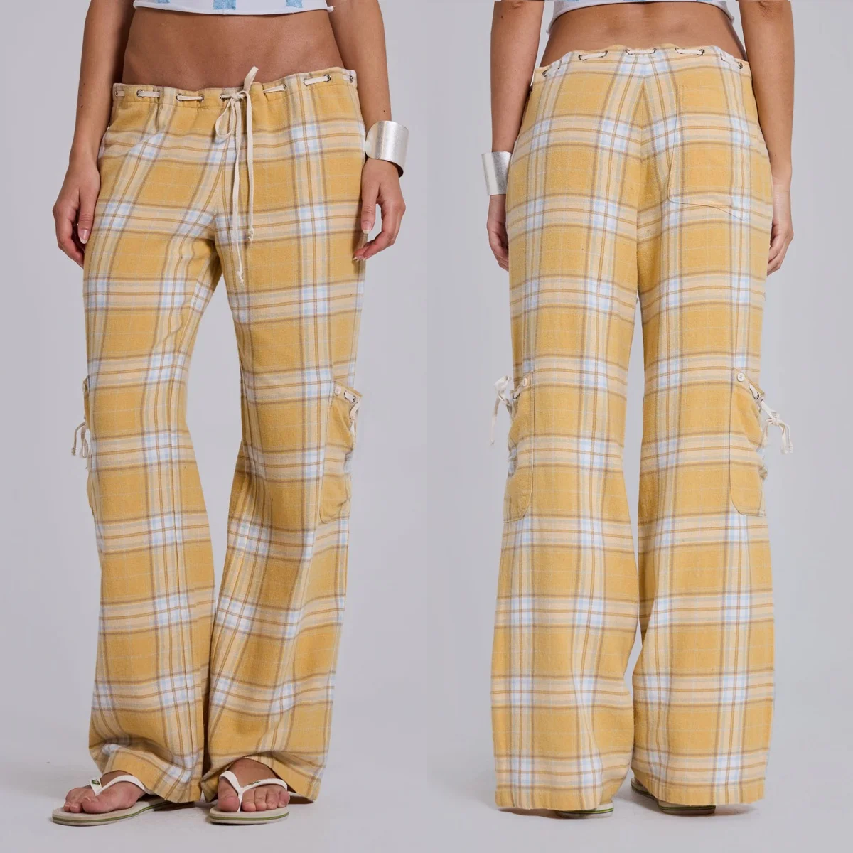 Jd Color-Blocked Yellow Plaid Low-Waist Straight-Leg Pants Drawstring Waist Casual Pocket Cargo Pants Yellow Plaid Low-Waist Flared Cargo Pants Trendy Plaid Casual Pants