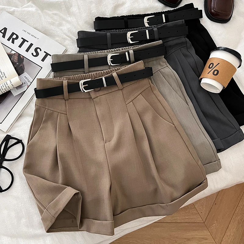 

ITOOLIN Women Vintage High Waist A-line Shorts Casual Office Suit Shorts With Belted Chic Pleated Women Straight Trousers Summer